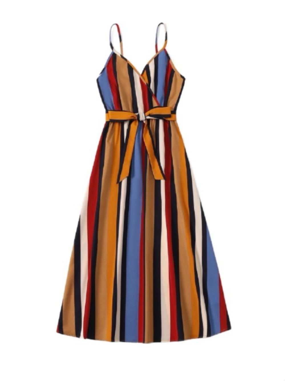 Women's Striped Summer Off-Shoulder Maxi Dress, Multi-Coloured with Belt
